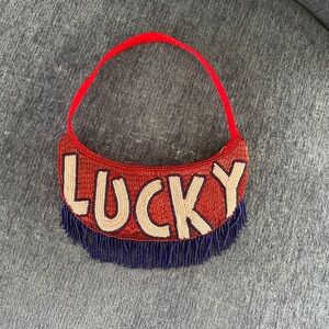 Beaded 'LUCKY' Fringe Mini Red Purse - White & Navy